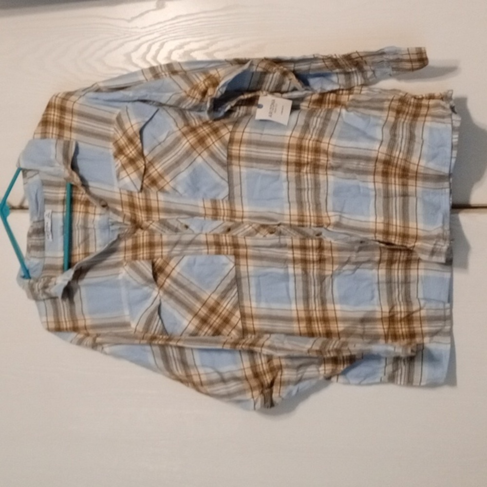 Arizona Jean Company Light Blue and Brown Plaid Button-Down Shirt
